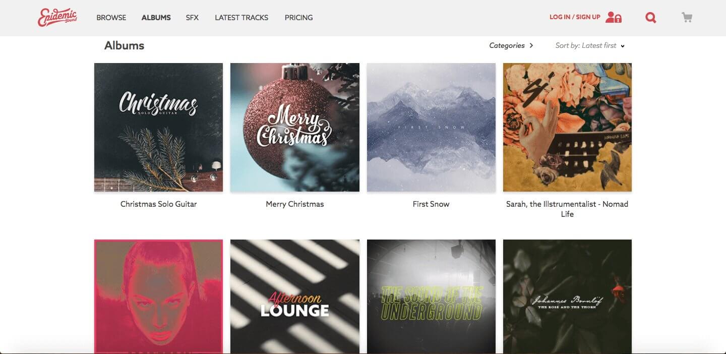 Tampilan situs Epidemic Sound yang dinamis dan terlihat seperti galeri